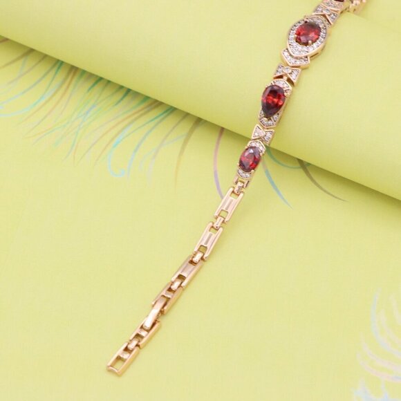 "Rose Gold Red Oval Stone Bracelet with Bow Design, XPBL0802 - Picture 11 of 12